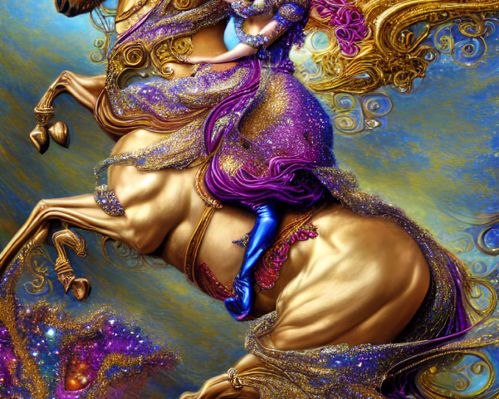 Woman in Purple and Gold Attire Riding Majestic Horse on Golden Background