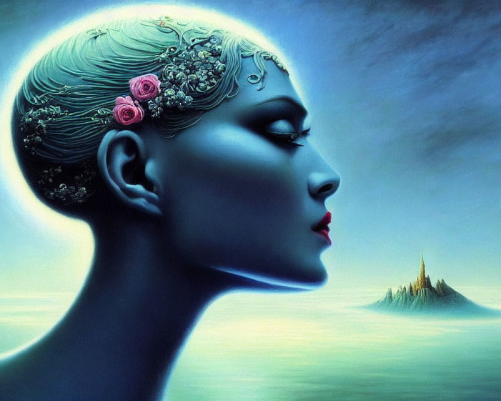 Surreal painting: woman's profile with elaborate headdress blending into seascape
