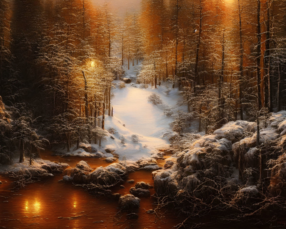 Snowy forest pathway by stream in warm golden light