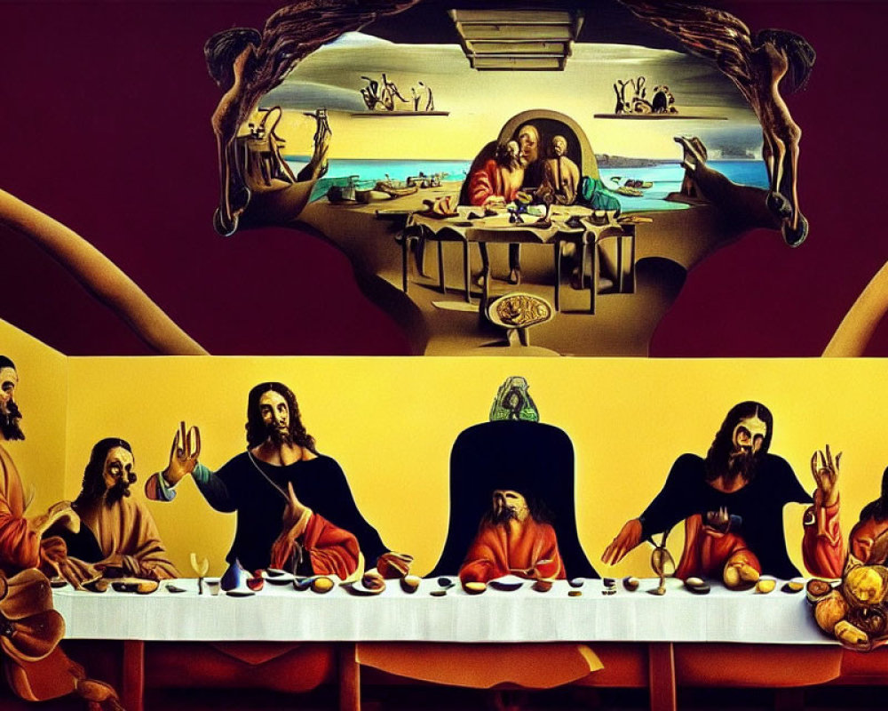 Surreal Last Supper with Duplicated Figures in Elliptical Room