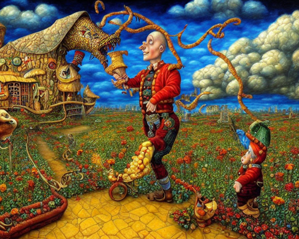 Colorful surreal painting of whimsical characters in a flower field with fantastical house