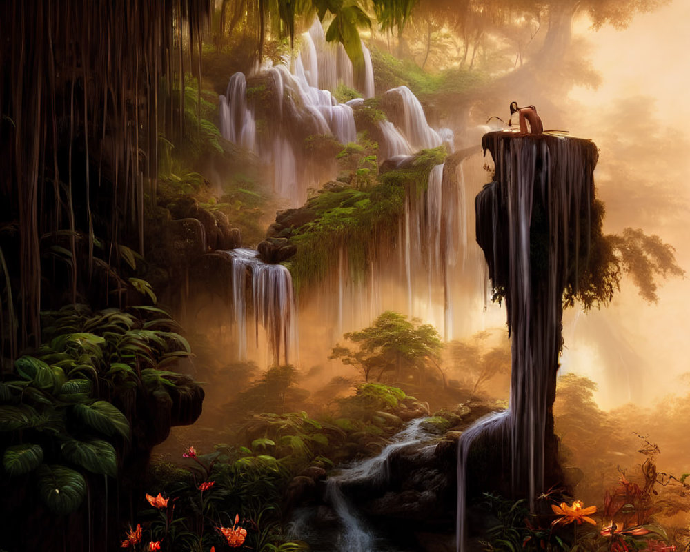 Tranquil waterfall oasis with lush foliage and person in misty forest
