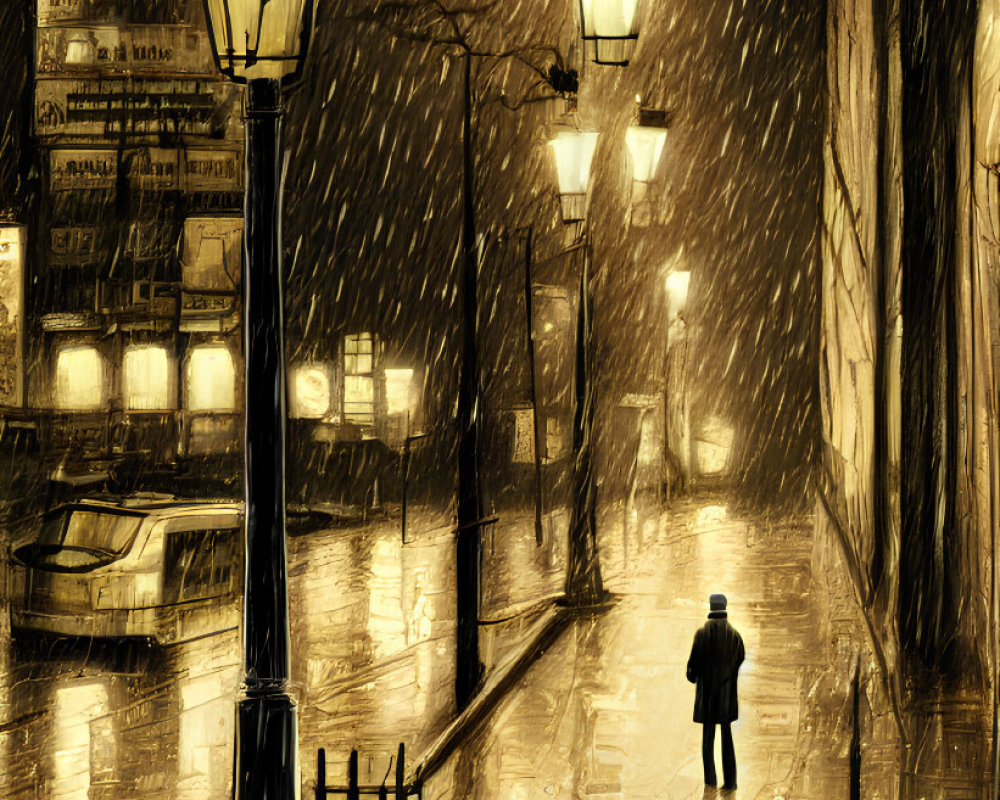 Figure walking on rain-slicked street under warm lamplight