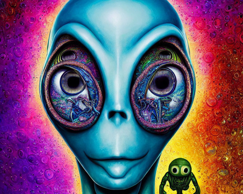 Vibrant alien artwork with large eyes on psychedelic background