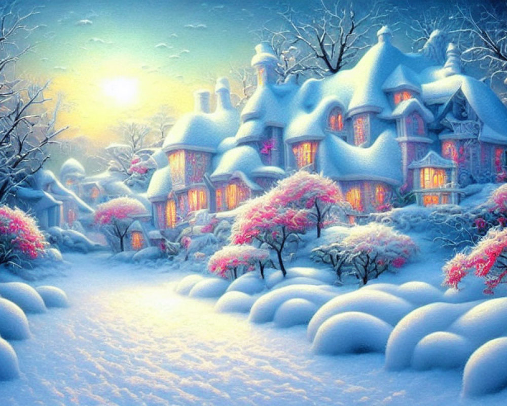 Snow-covered cottages and pink trees in soft sunset light