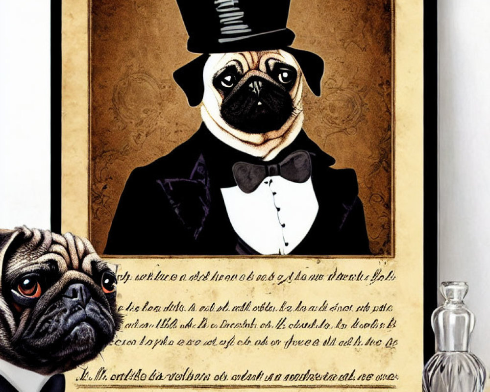 Sophisticated pug in suit and top hat with real pug and perfume bottles.