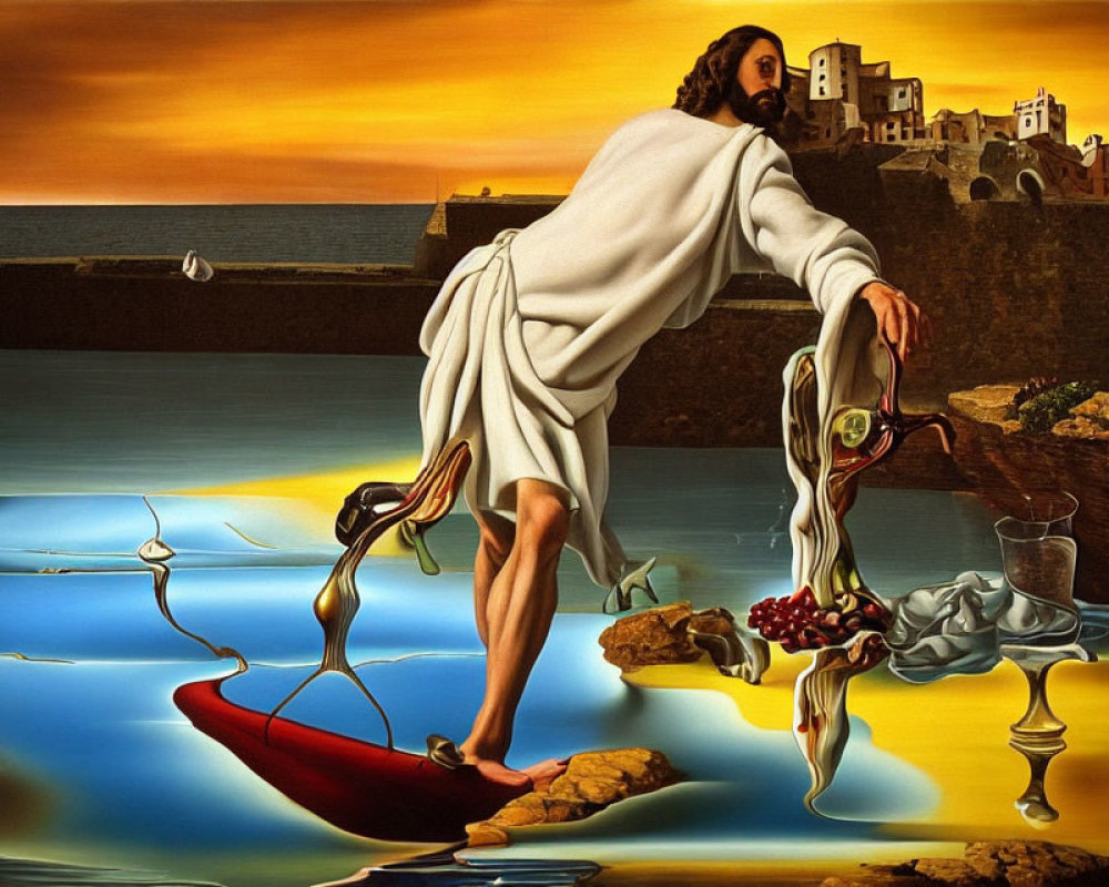Surreal painting with religious and Salvador Dali-like imagery depicting Christ-like figure on boat with melting