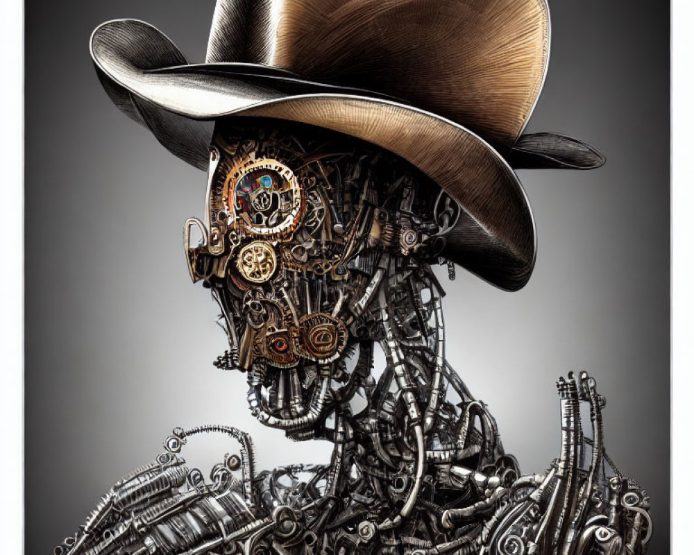 Steampunk-style mechanical skull with large brimmed hat and intricate gears.