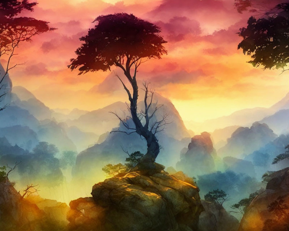Colorful Sunset Mountain Landscape with Silhouetted Trees