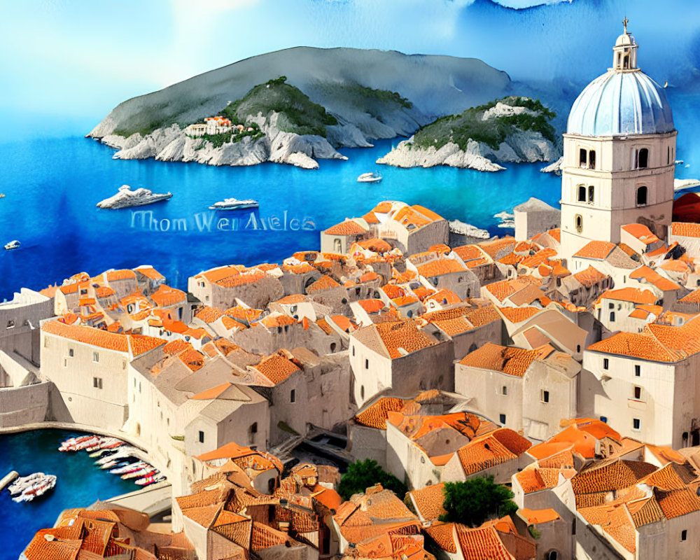 Picturesque coastal town with terracotta rooftops, dome, blue sea, boats, and island