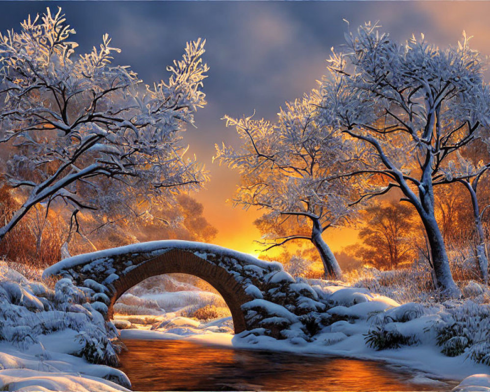Snow-covered trees, stone bridge, and orange sky in winter scene