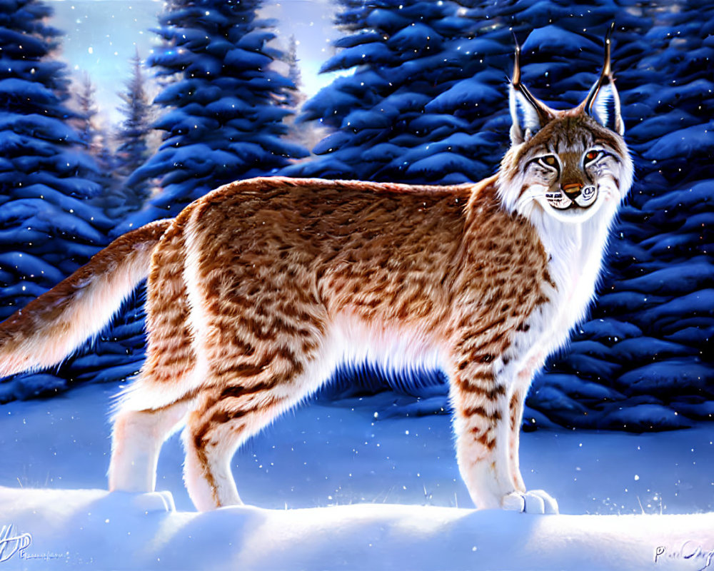 Majestic lynx in snowy forest landscape at dusk