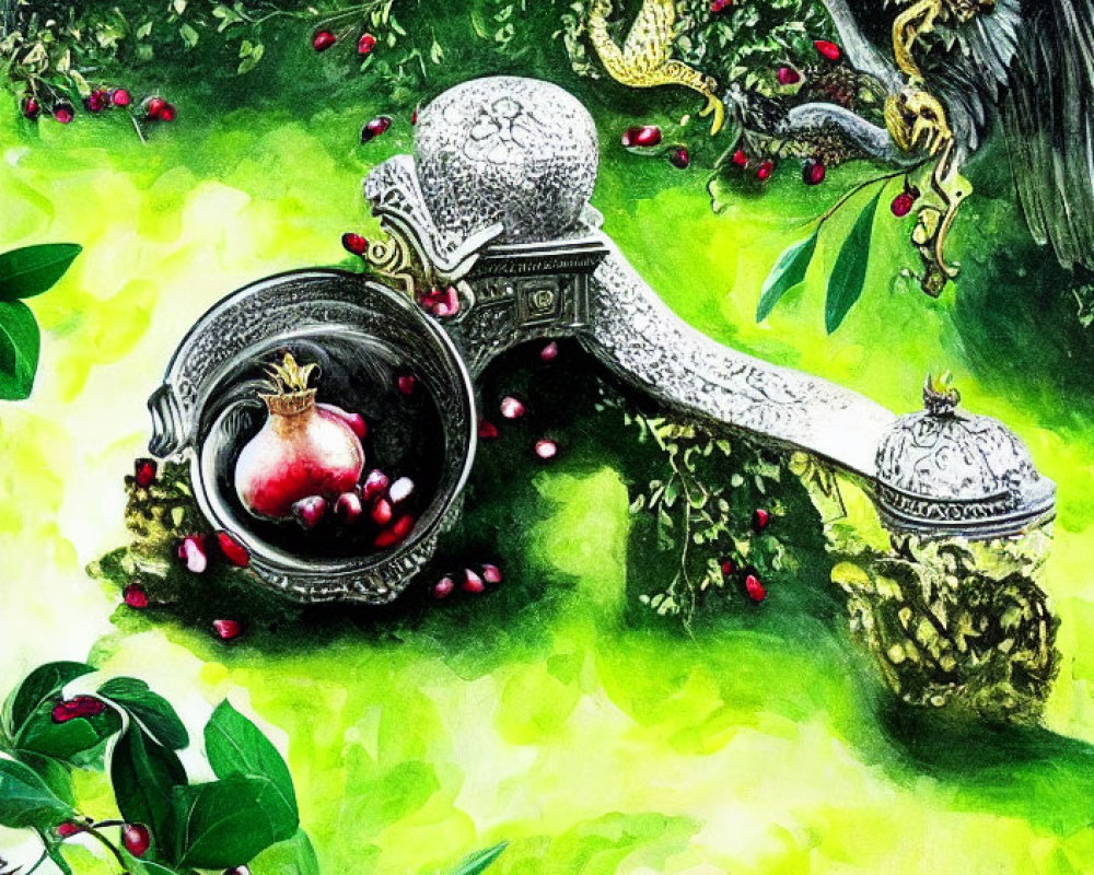 Colorful Artwork of Crowned Horn Instrument in Lush Setting