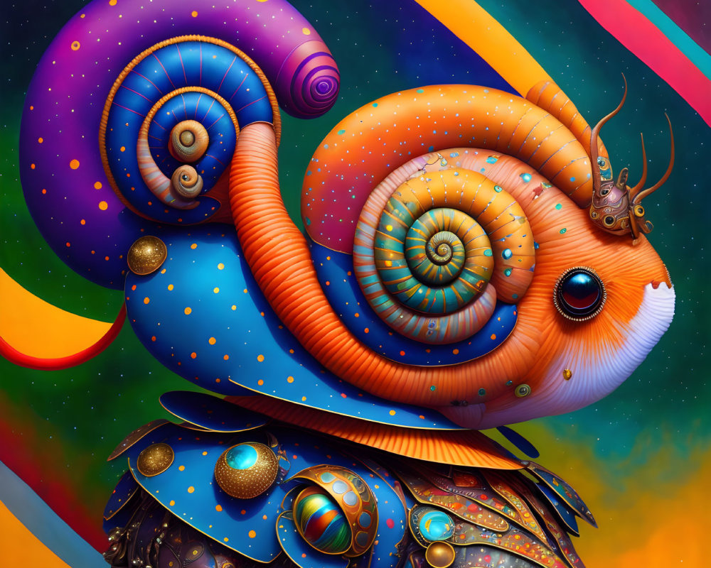 Colorful whimsical snail on patterned shell rides mechanical turtle in cosmic scene