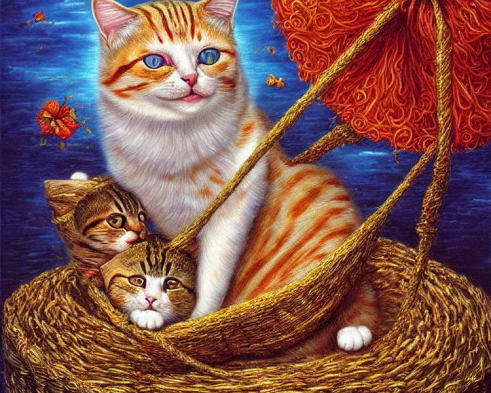 Three cats in wicker basket on hot air balloon against blue sky