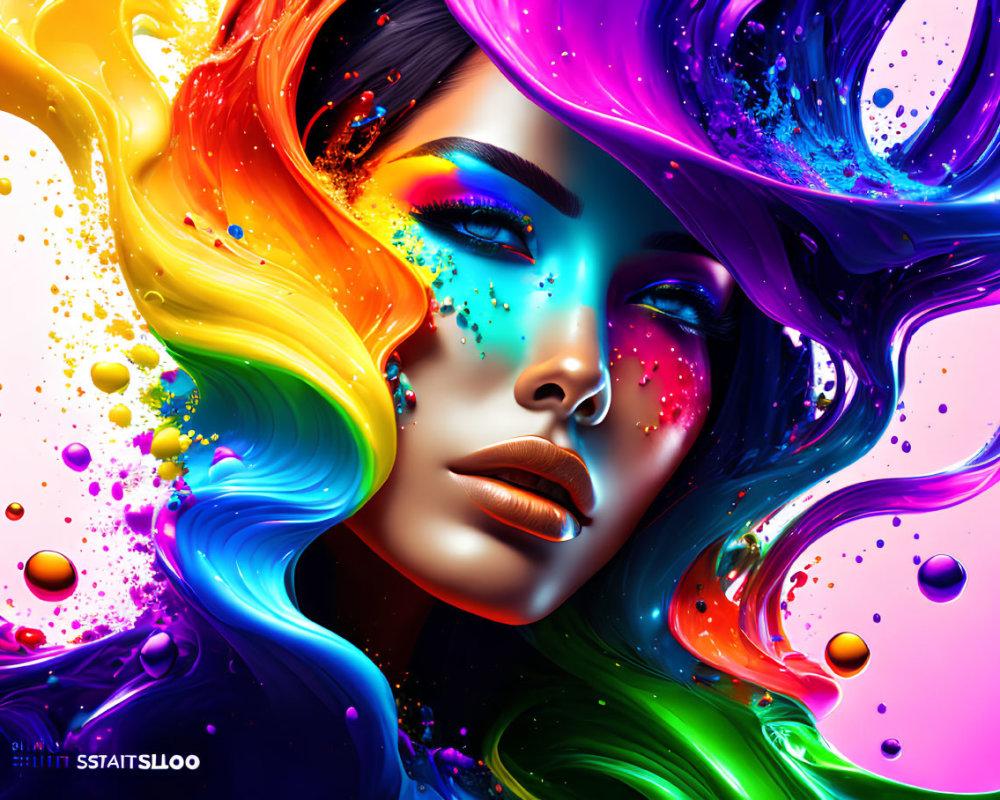 Colorful digital artwork: Woman's face in swirling paint splatters