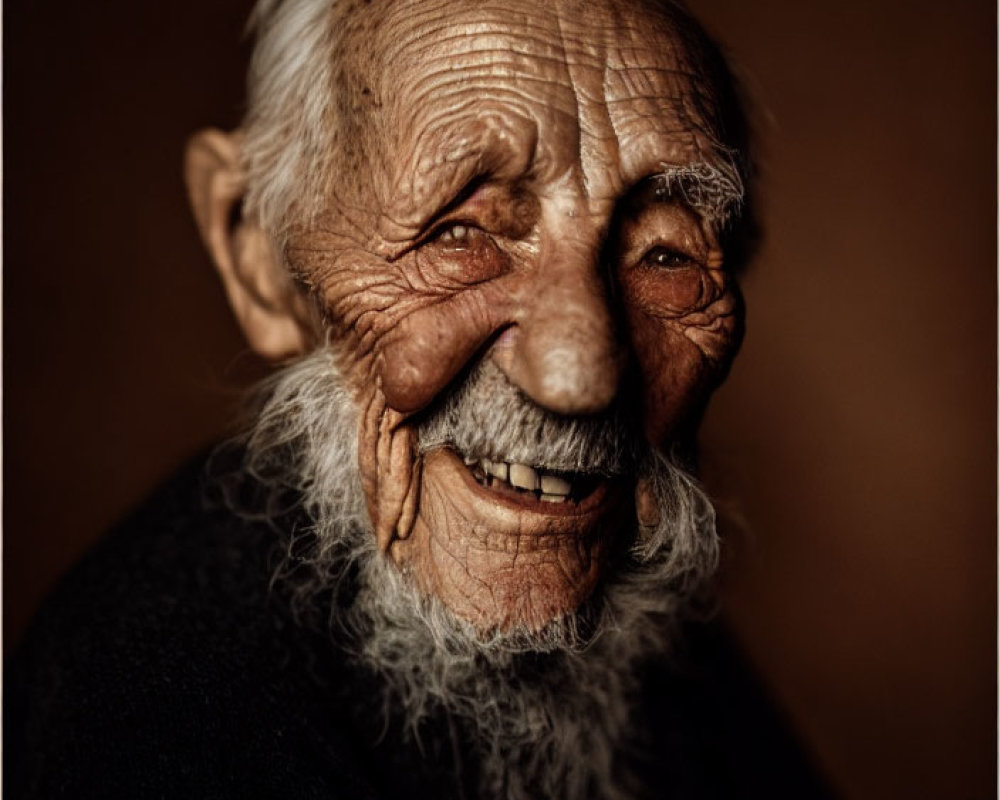 Elderly man with white beard smiling on dark brown background