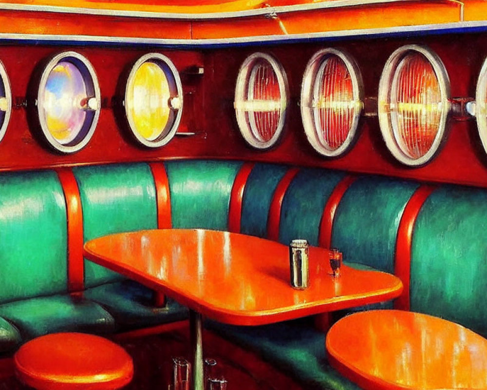 Colorful Retro Diner Booth with Circular Windows and Vibrant Interior