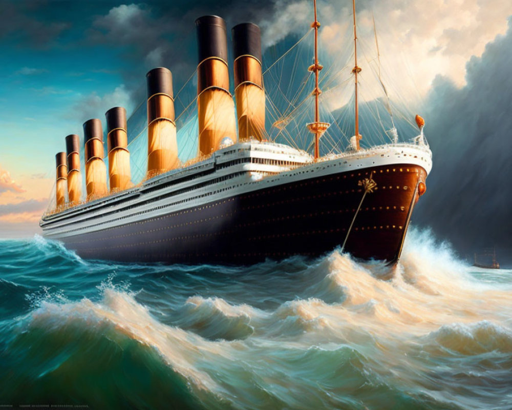 Ocean liner with four funnels sails through dramatic sea waves and sky