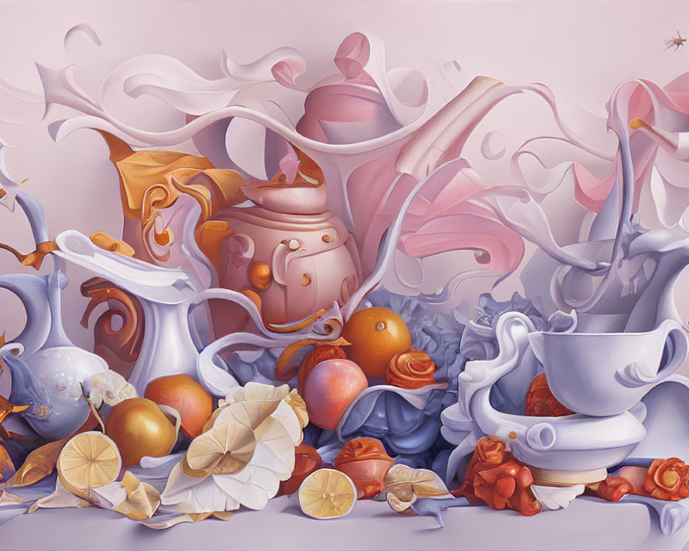 Whimsical still life painting with teapot, cups, fruits, and flowing drapery