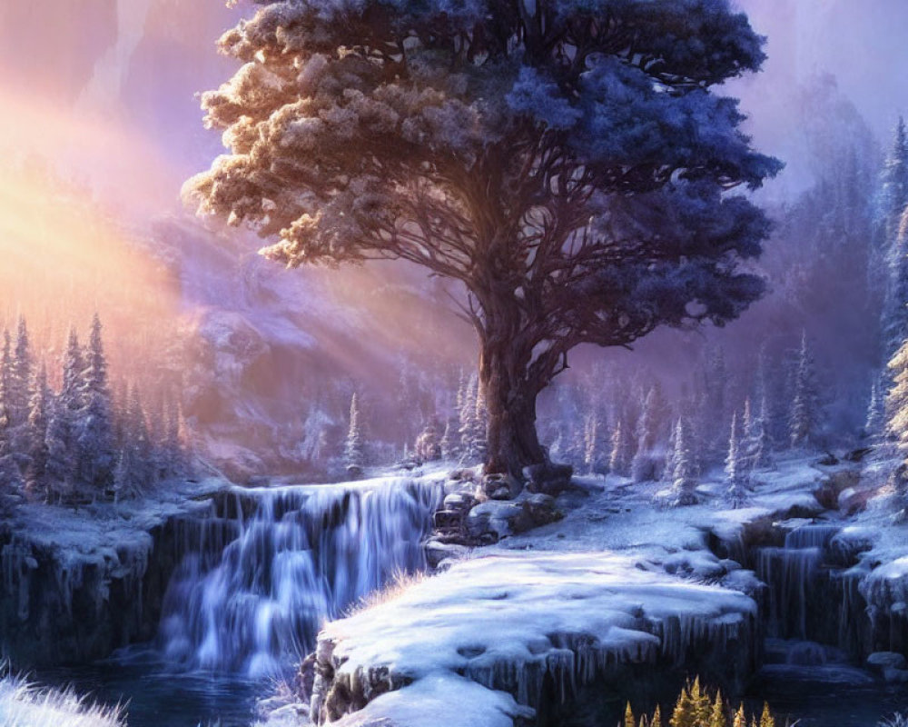 Majestic tree by frozen waterfall in serene winter landscape