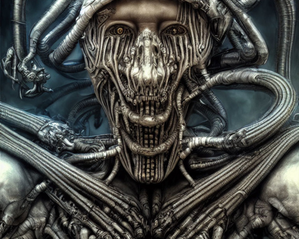 Surreal humanoid face illustration with biomechanical features