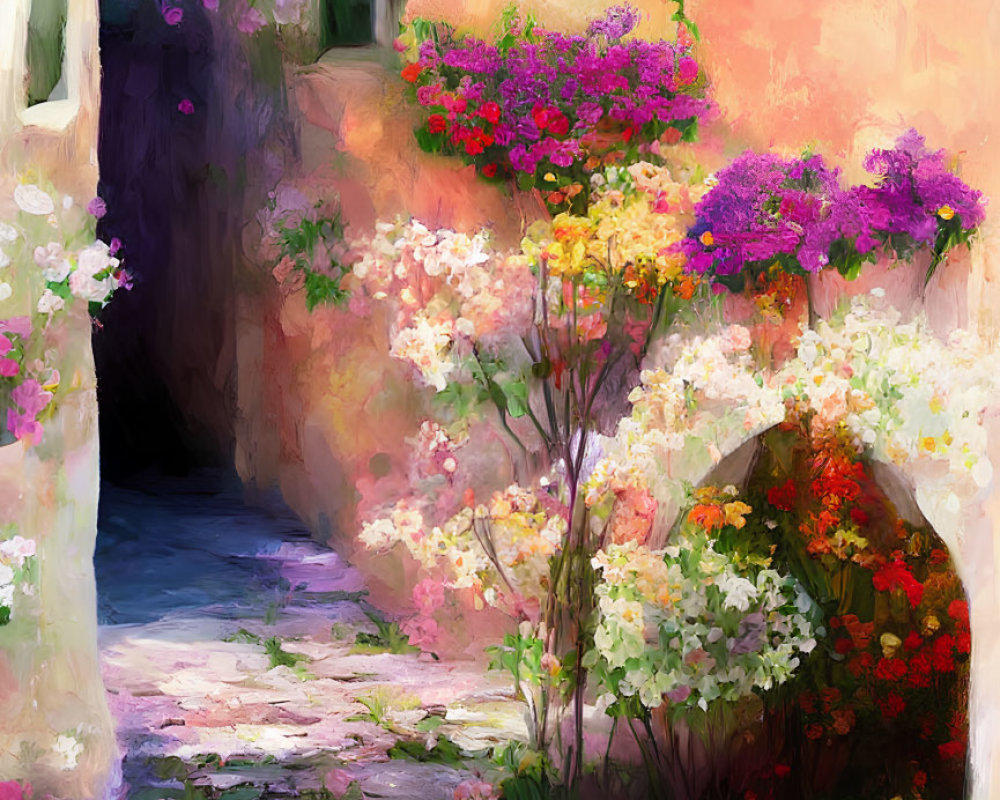 Colorful Painting of Blooming Flower Alley on Orange-Pink Wall