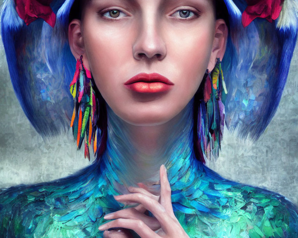 Woman portrait with blue floral headwear, feather-like neck adornment, and tassel earrings.