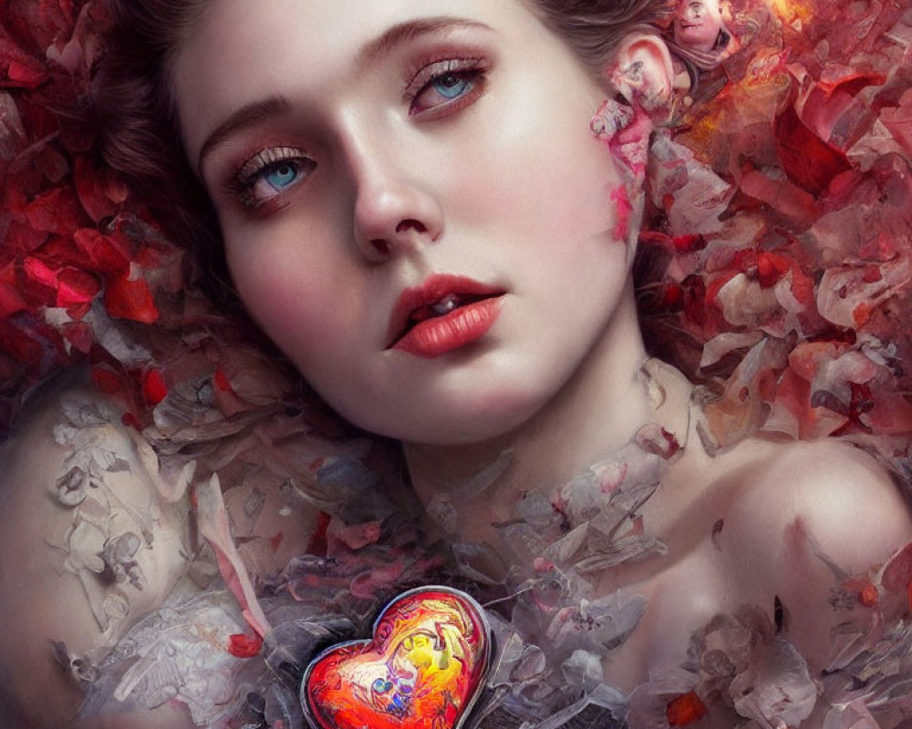 Woman surrounded by red petals and heart locket in romantic setting