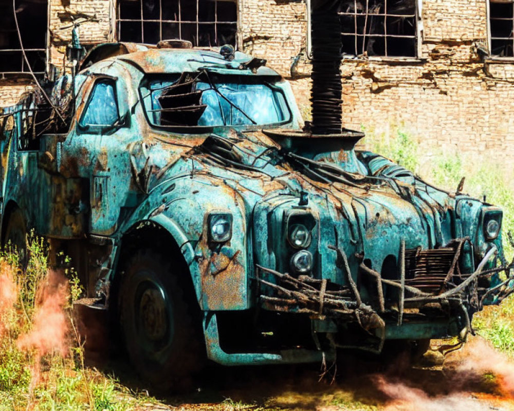 Rusted abandoned blue truck in overgrown grass