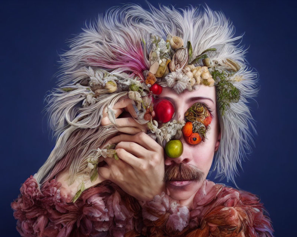 Colorful portrait of person with whimsical headdress of flowers, fruits, vegetables, and feathers.