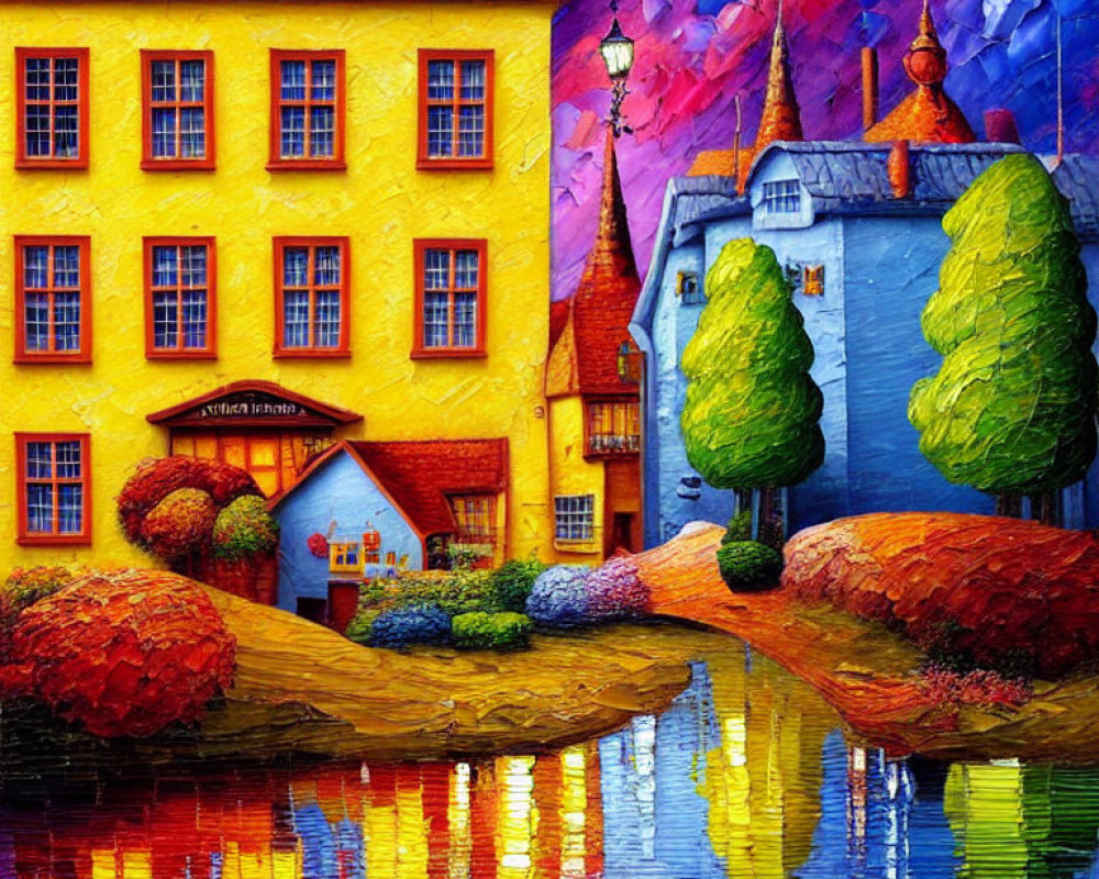 Colorful painting of whimsical village with vibrant houses, trees, and reflective river under textured sky