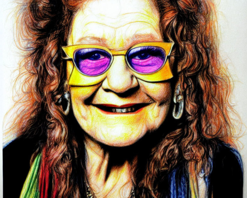Elderly Woman Illustration: Curly Red Hair, Colorful Glasses, Rainbow Scarf
