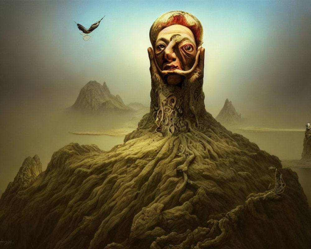 Mountain-shaped human face in surreal landscape with tentacles, lone bird, and distant figure