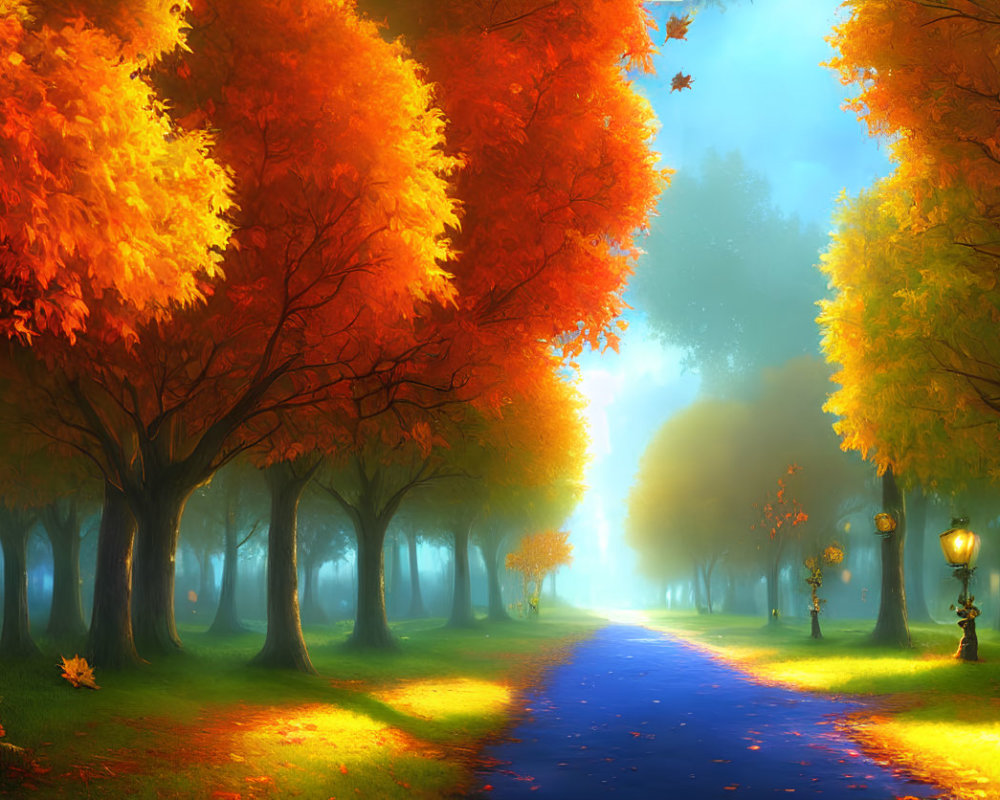 Tranquil autumn park with vibrant trees, fallen leaves, and vintage lamp posts