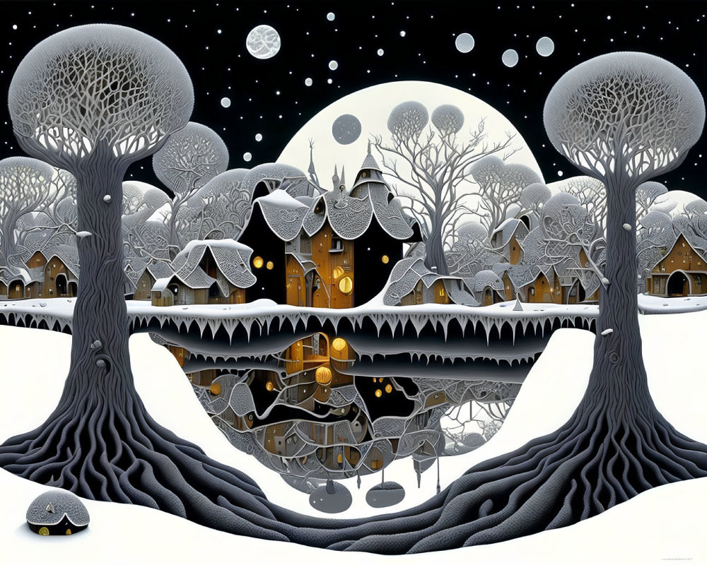 Whimsical winter scene with snow-covered trees and mirrored underground world