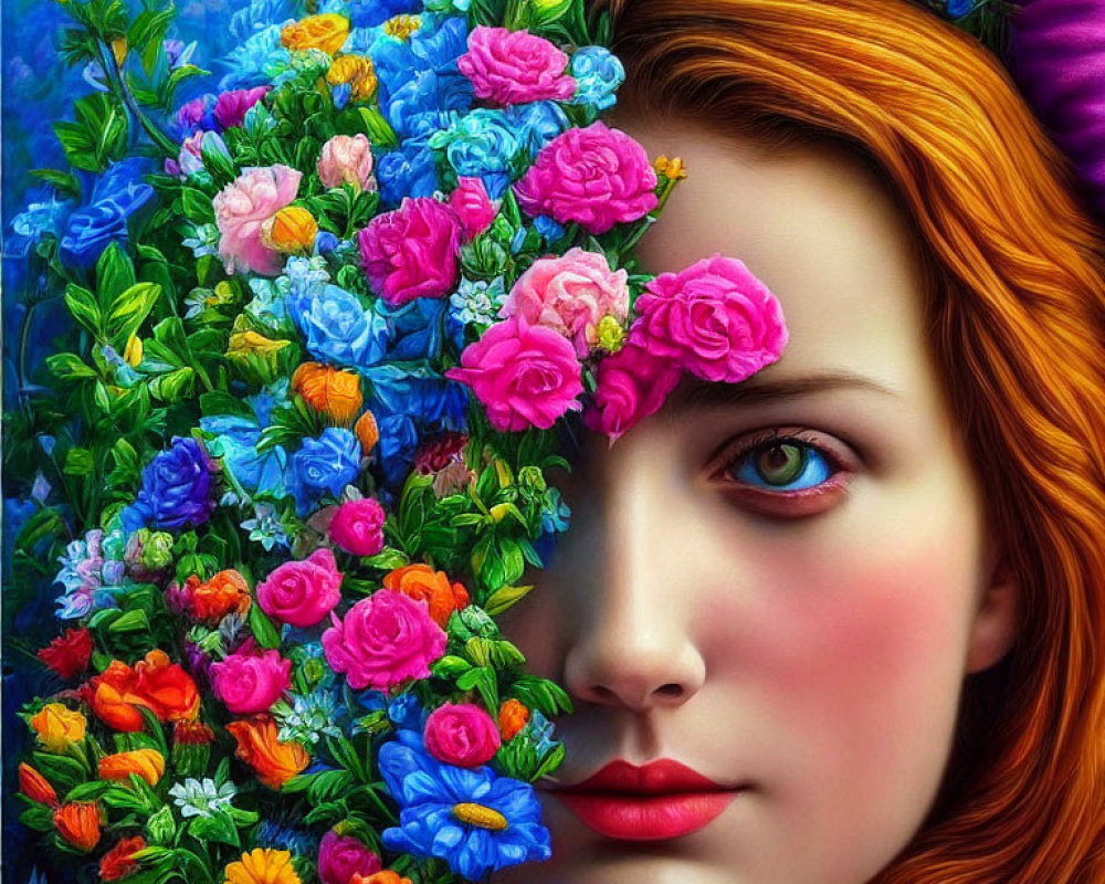 Colorful portrait of woman with red hair and floral arrangement covering half face