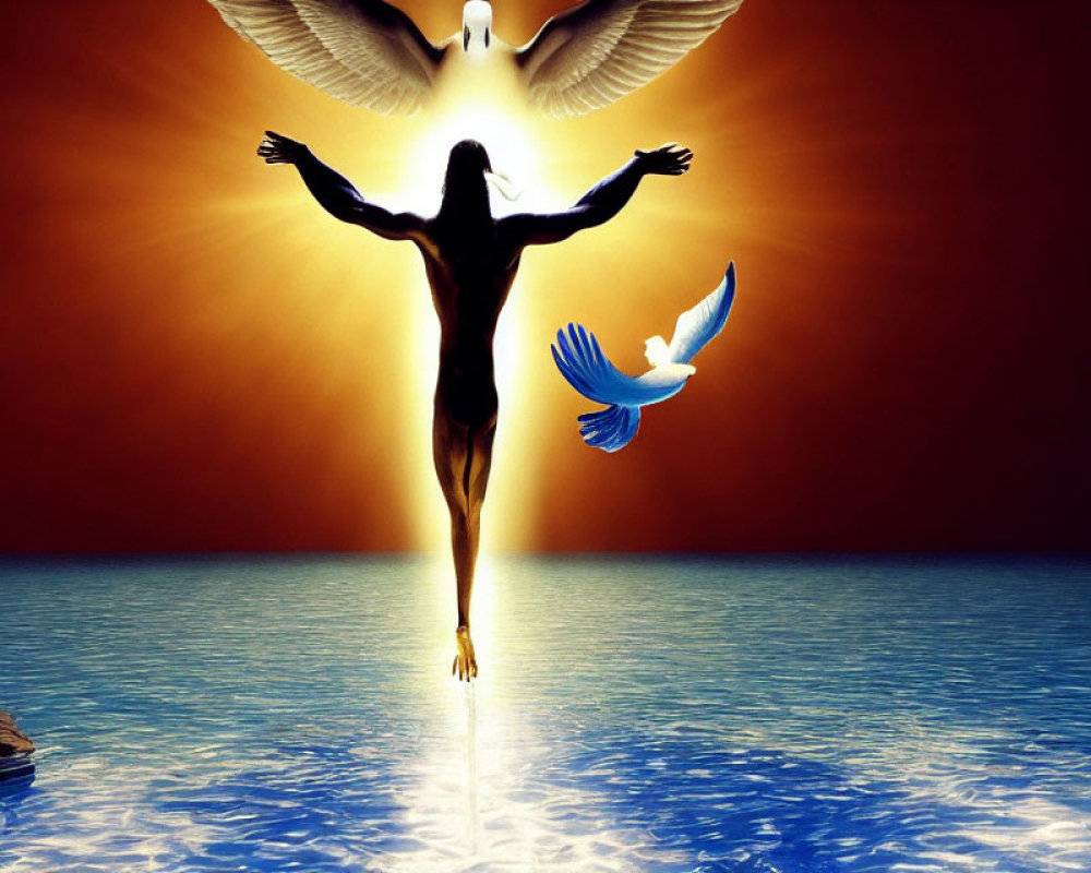 Silhouette of human with wings and dove against luminous backdrop above blue waters