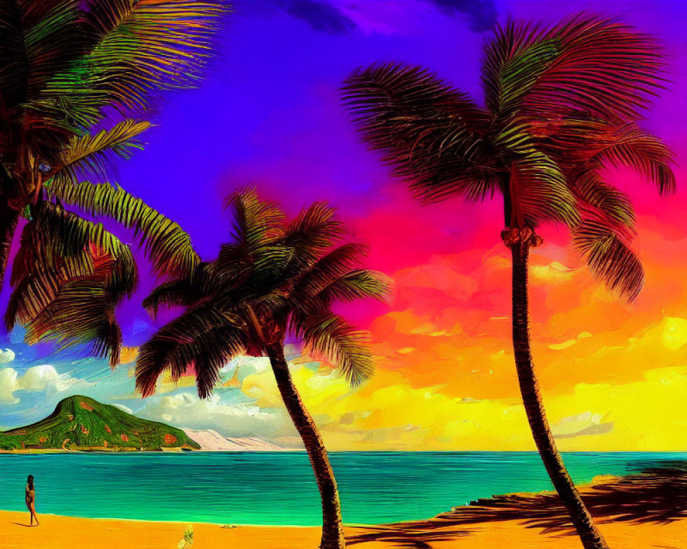 Colorful tropical beach scene with palm trees, sunset sky, mountain, and figure by water.