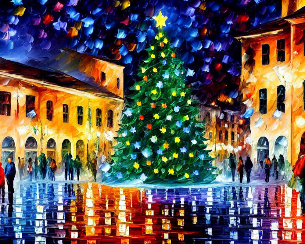 Impressionistic painting of a festive town square at night