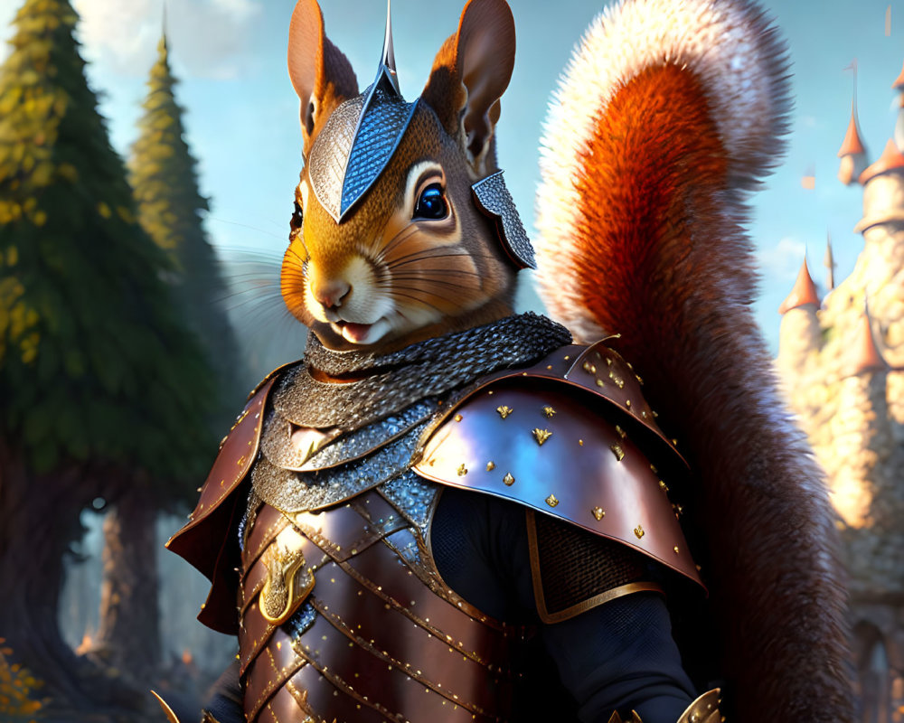 Medieval armor-clad squirrel in fairytale forest with castle view