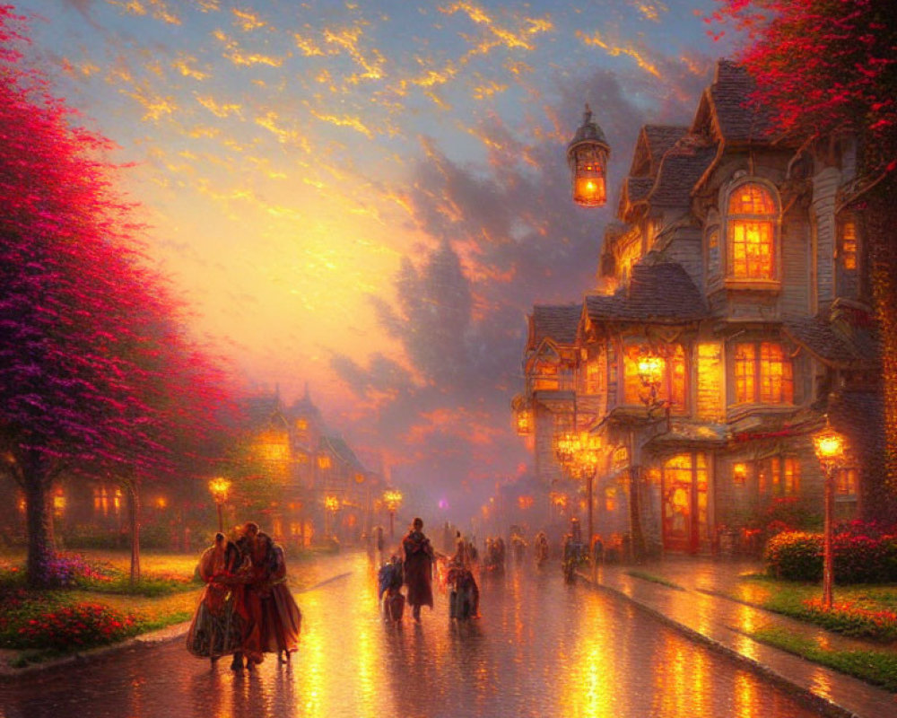 Period Attire People on Cobblestone Street at Dusk with Pink Trees