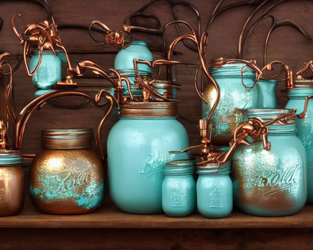 Turquoise Mason Jars with Copper Accents on Wooden Shelves
