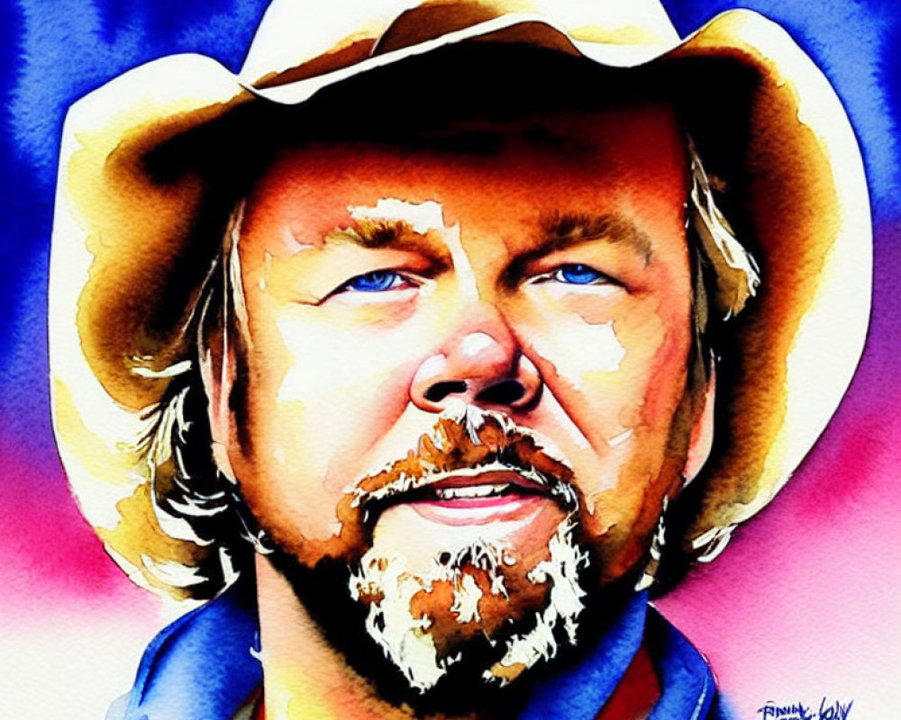 Colorful watercolor portrait of man with salt-and-pepper beard and cowboy hat.