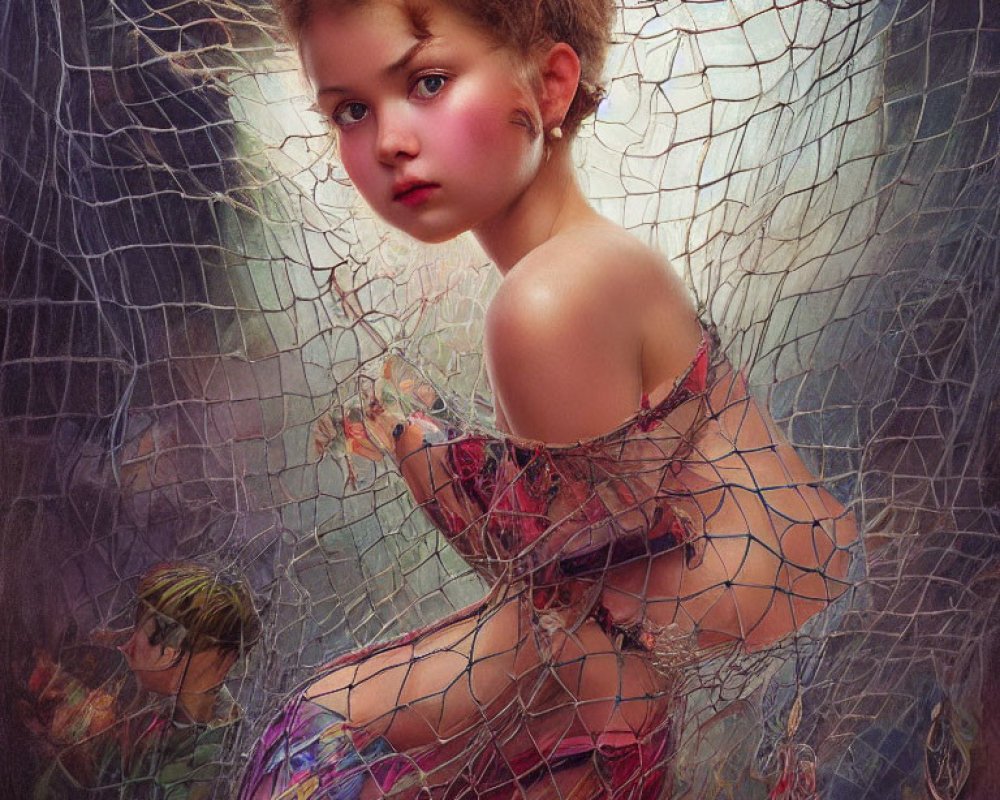 Digital painting: Young girl in colorful net with obscured figures
