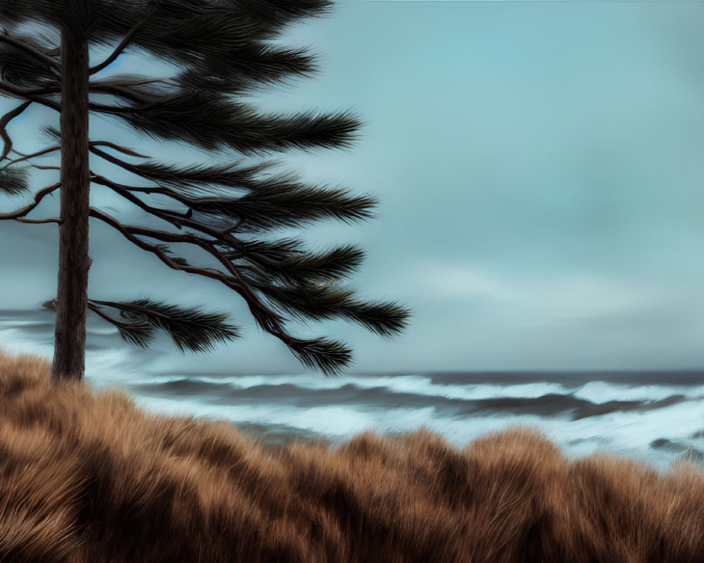 Serene lone pine tree on grassy coastline with rough waves under overcast sky