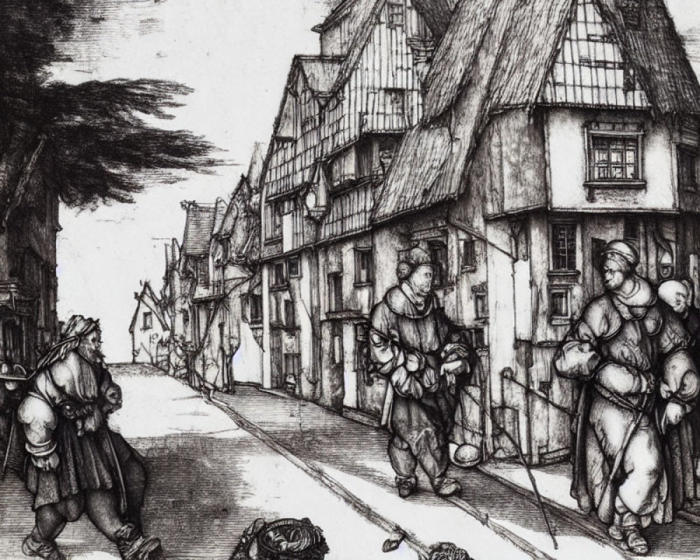 Etching of a village street with half-timbered houses and townsfolk.