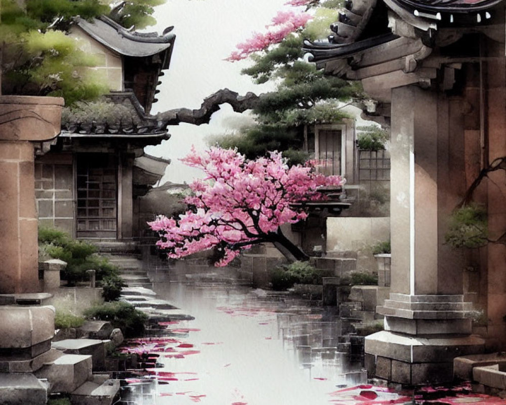 Serene water canal with cherry blossoms and traditional East Asian architecture
