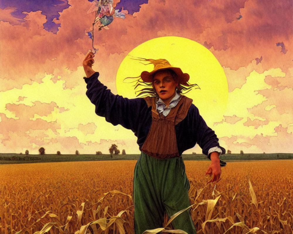 Person in straw hat standing in wheat field with bouquet under setting sun
