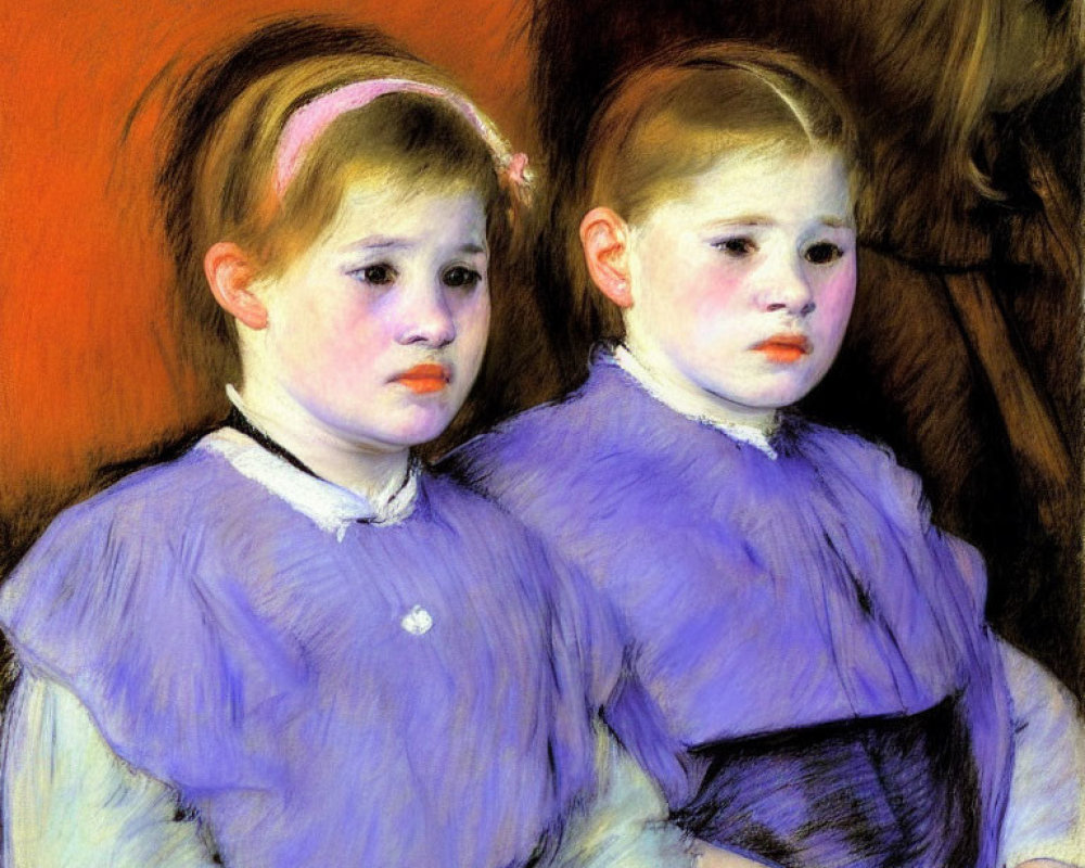 Two young girls in matching purple dresses with solemn expressions